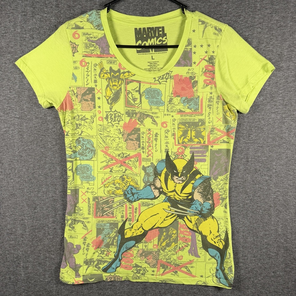 Marvel Comics Wolverine Shirt Womens Large Yellow Allover Comic Graphic Tee Y2K